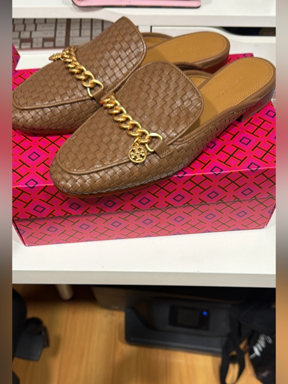 Tory Burch Tan Woven Leather Chain-Trim Mule